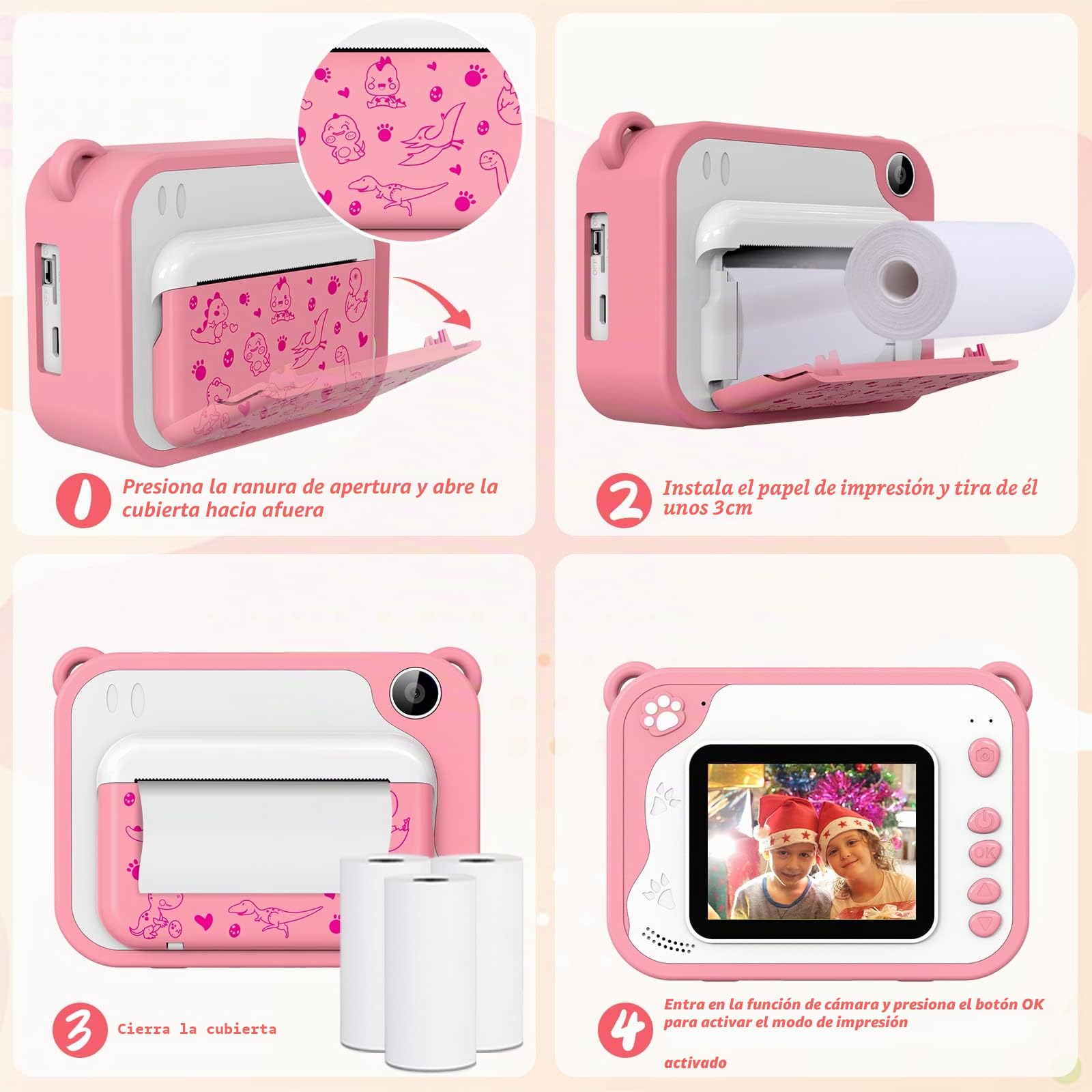 Ushining - Cámara de fotos de impresión instantánea para niños, cámara digital con pantalla de 2,4 pulgadas, tarjeta TF de 32 GB, 3 rollos de papel de impresión, regalo para niñas niños de 3 a 12 años