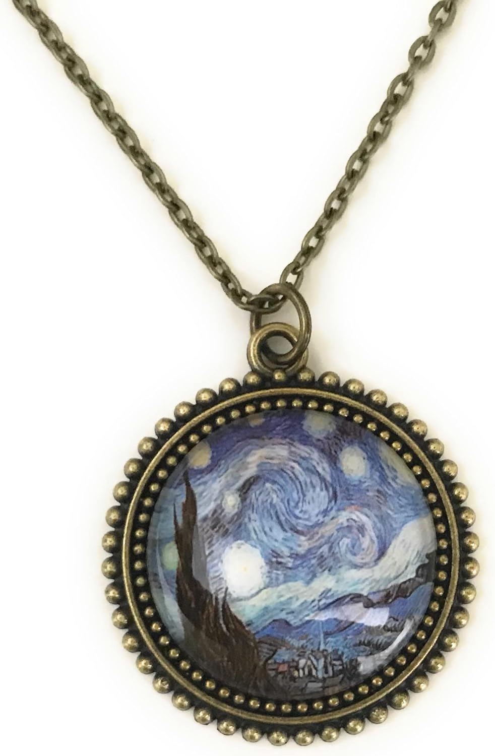 Fern & Filigree Van Gogh Starry Night Necklace for Women - Antique Brass - Classic Art
