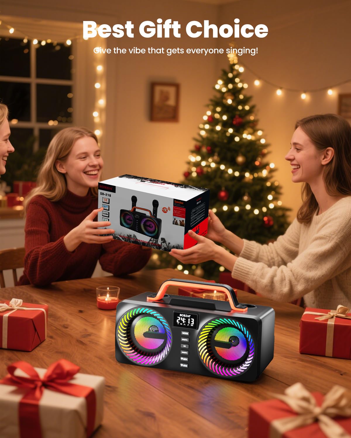 Máquina de Karaoke SORDA Para Adultos y Niños, Altavoz Bluetooth Portátil de 80 W, 2 Micrófonos Inalámbricos, Ajuste de Eco, Compatible con USB/AUX, Ideal Para Reuniones, Fiestas y Regalos
