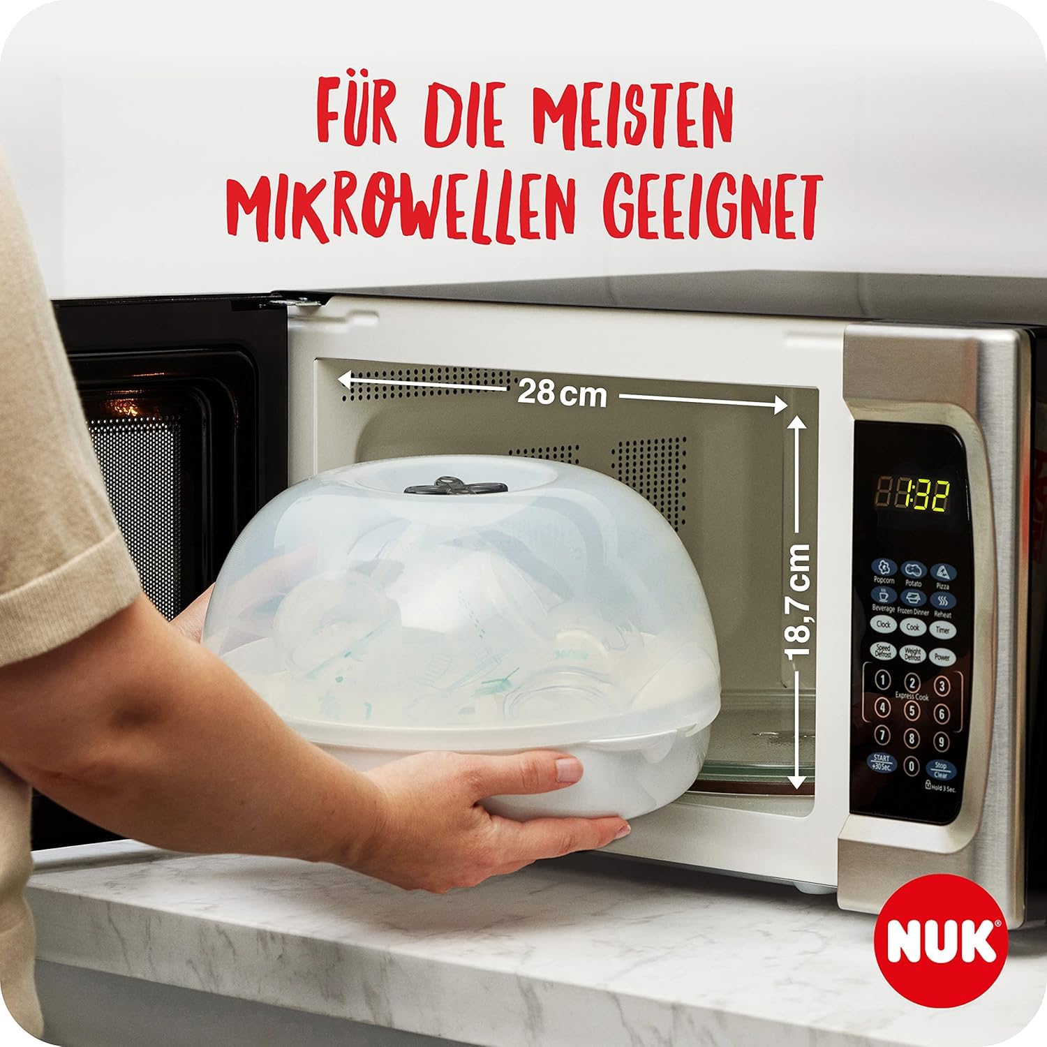 NUK Reinigungsset zur gründlichen Reinigung von Babyflaschen, Saugern & mehr | Micro Express Plus Mikrowellen Sterilisator & Spülreiniger 500 ml & 2in1 Flaschenbürste & MultiDry Trockenständer