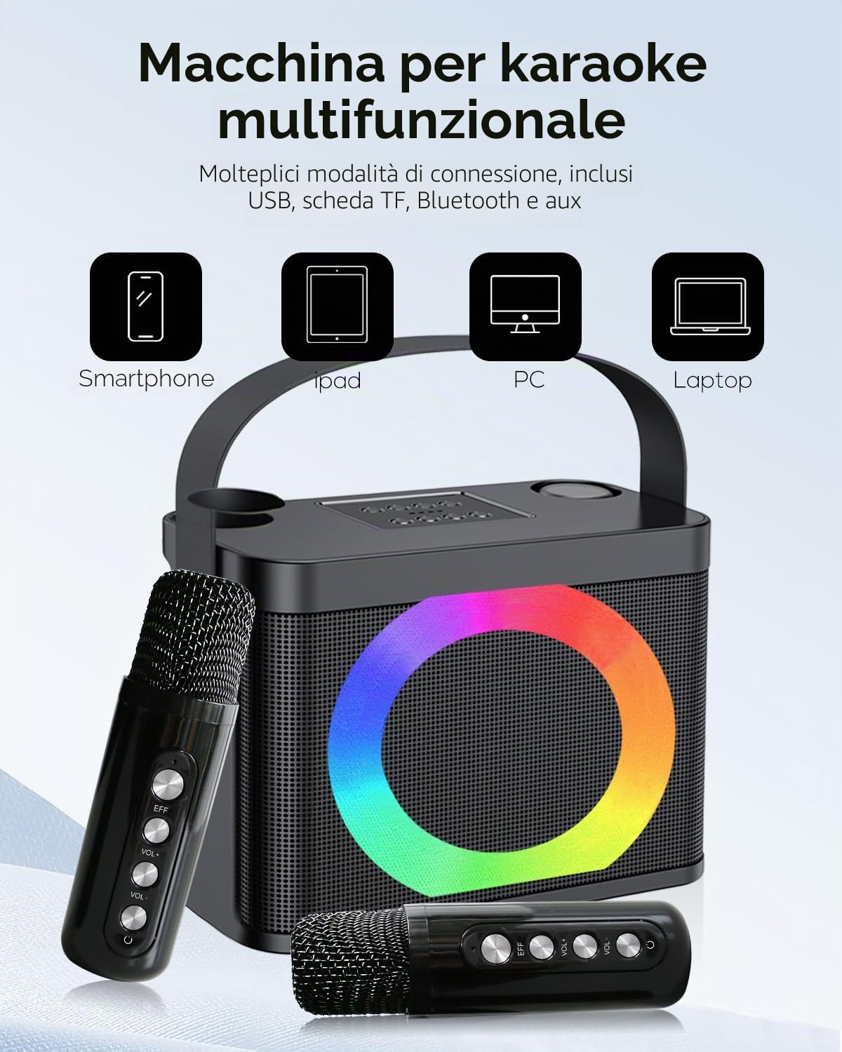 Karaoke con microfono, cassa karaoke professionale completo, bluetooth cassa con microfono,karaoke per bambini & adulti, cassa per karaoke supporto USB, TF, con luce DJ colorata