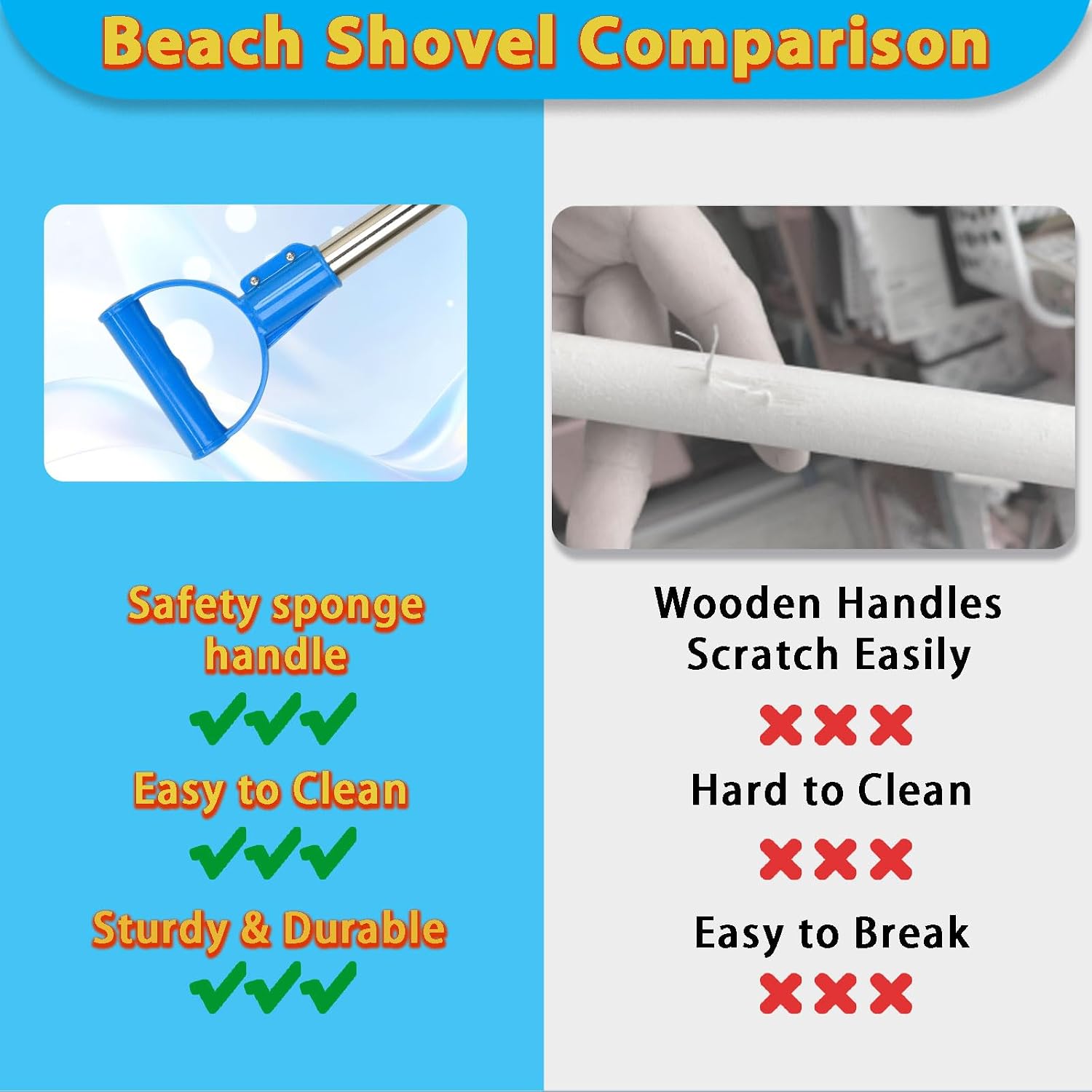 Heavy Duty Beach Shovel, 29in 3PC Thickened Metal Sand Shovel with Stainless Steel Foam Handle Non-Slip Grip Portable Sand Beach Shovel for Outdoor Sand Digging Snow Clearing Beach Activities
