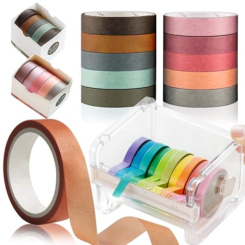 Kalolary 10 Rollos de Cintas de Papel de Enmascarar Coloridas, Juego de Cinta de Enmascarar con Dispensador Cortador de Cinta Washi, Rollo de Cinta