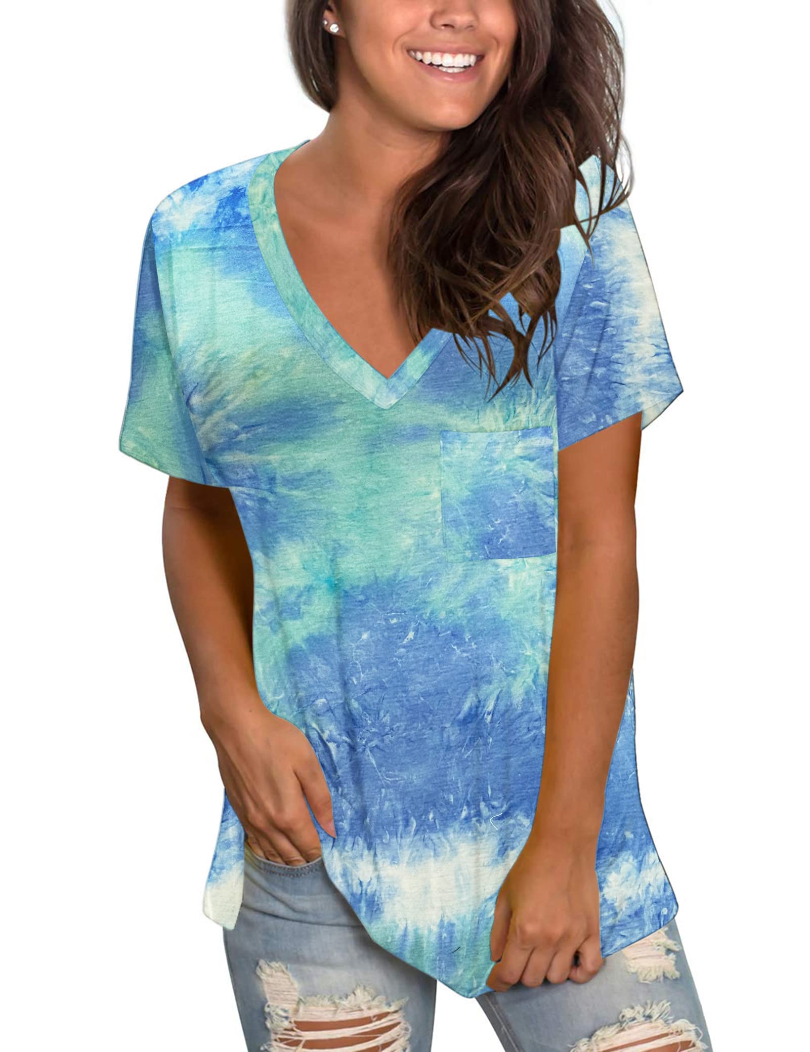 Molerani Women's Waves Tshirts Plus Size Loose Fit Short Sleeve Tops Dyed Blue Green White 3XL
