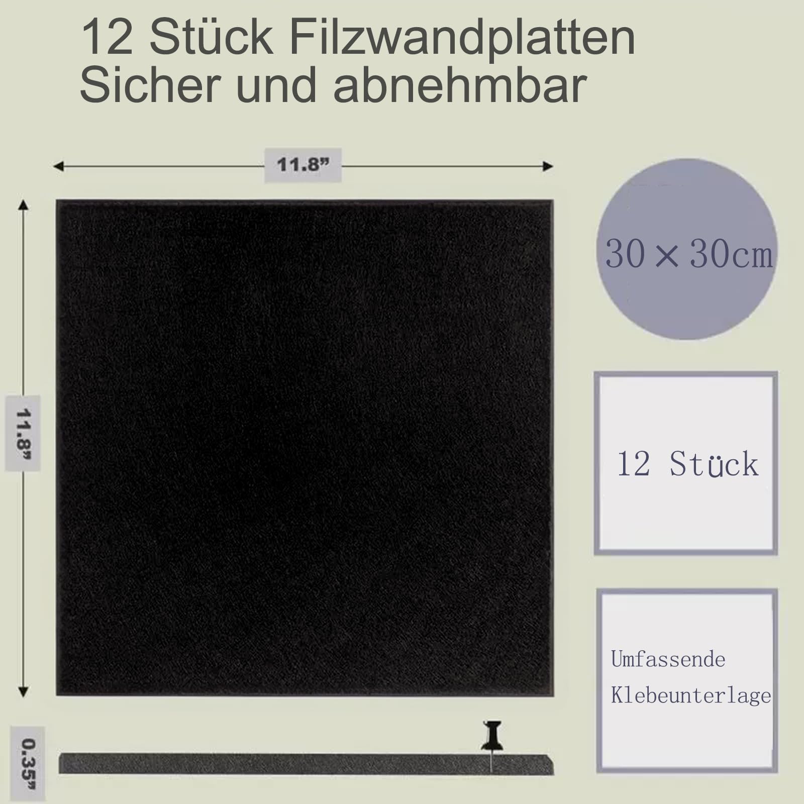 Bacheca autoadesiva in feltro, set da 12 pezzi, 30 x 30 cm, decorazione per ufficio, adatta per pareti, adatta per uffici, case, scuole (nero)