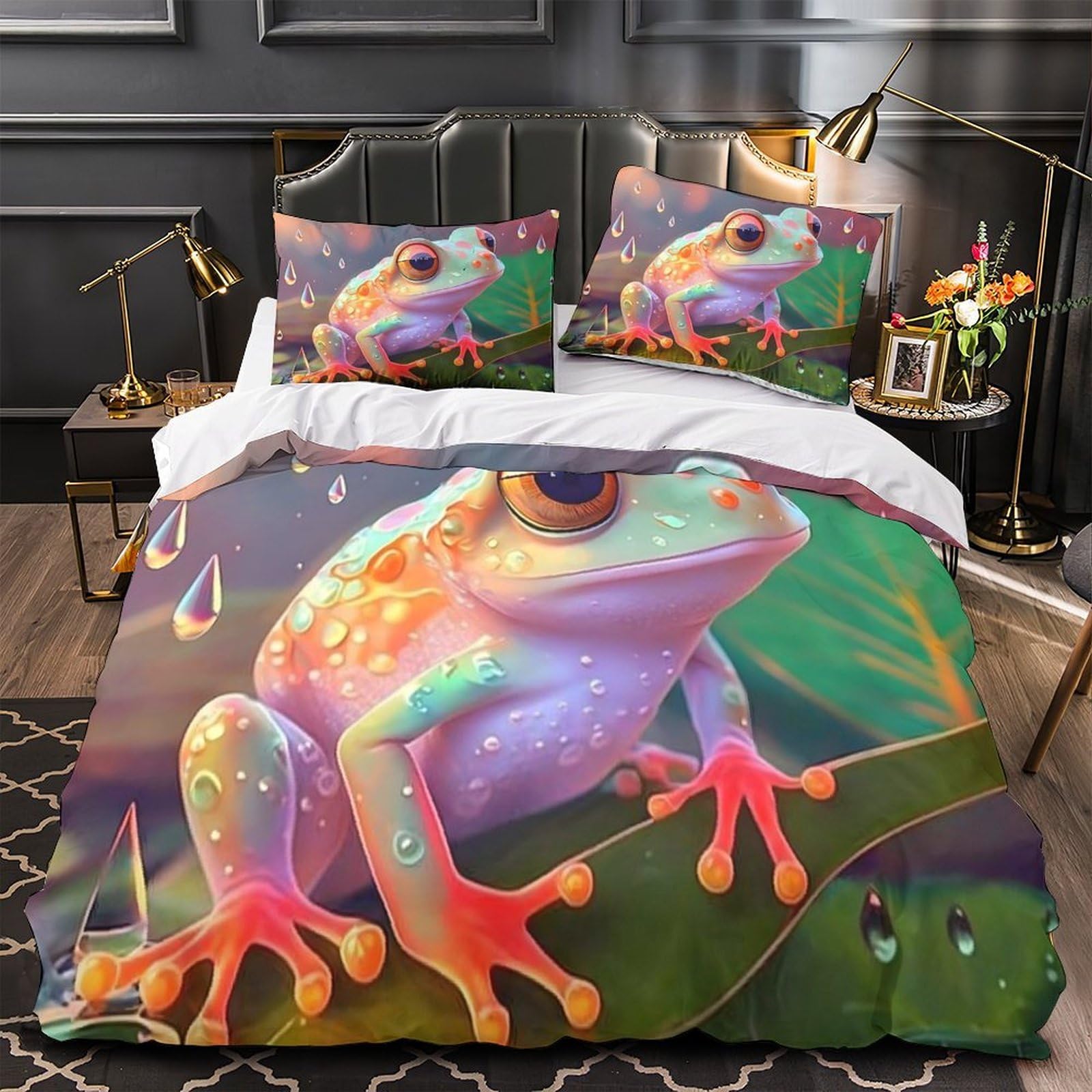 Parure de lit grenouille tropicale 3D avec housse de couette king 220x240cm et taies