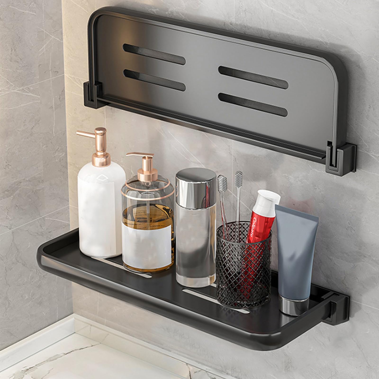 KARBAG 1PCS Shower Caddy Shelf Organiser, Wall Mounted Foldable Shelf 90° Fold Up & Waterproof Shower Organizer No Drill Bathroom Shelves Self Adhesive Bathroom Caddy for Dorm Toilet Kitchen, Aluminum