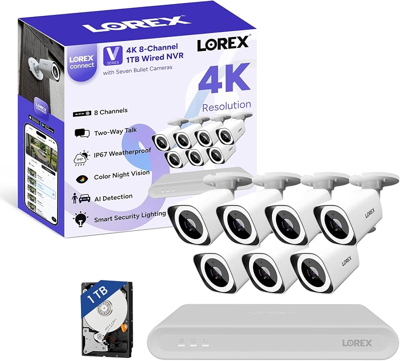 Connect (New App) | V-Series | 8Ch 4K NVR System | 7 Bullet Cameras | Black IP Cameras | No Cables | 1TB | 2-Way Talk| Lights & Siren Deterrence| Color Night Vision | AI Detections | Quiet | IP67