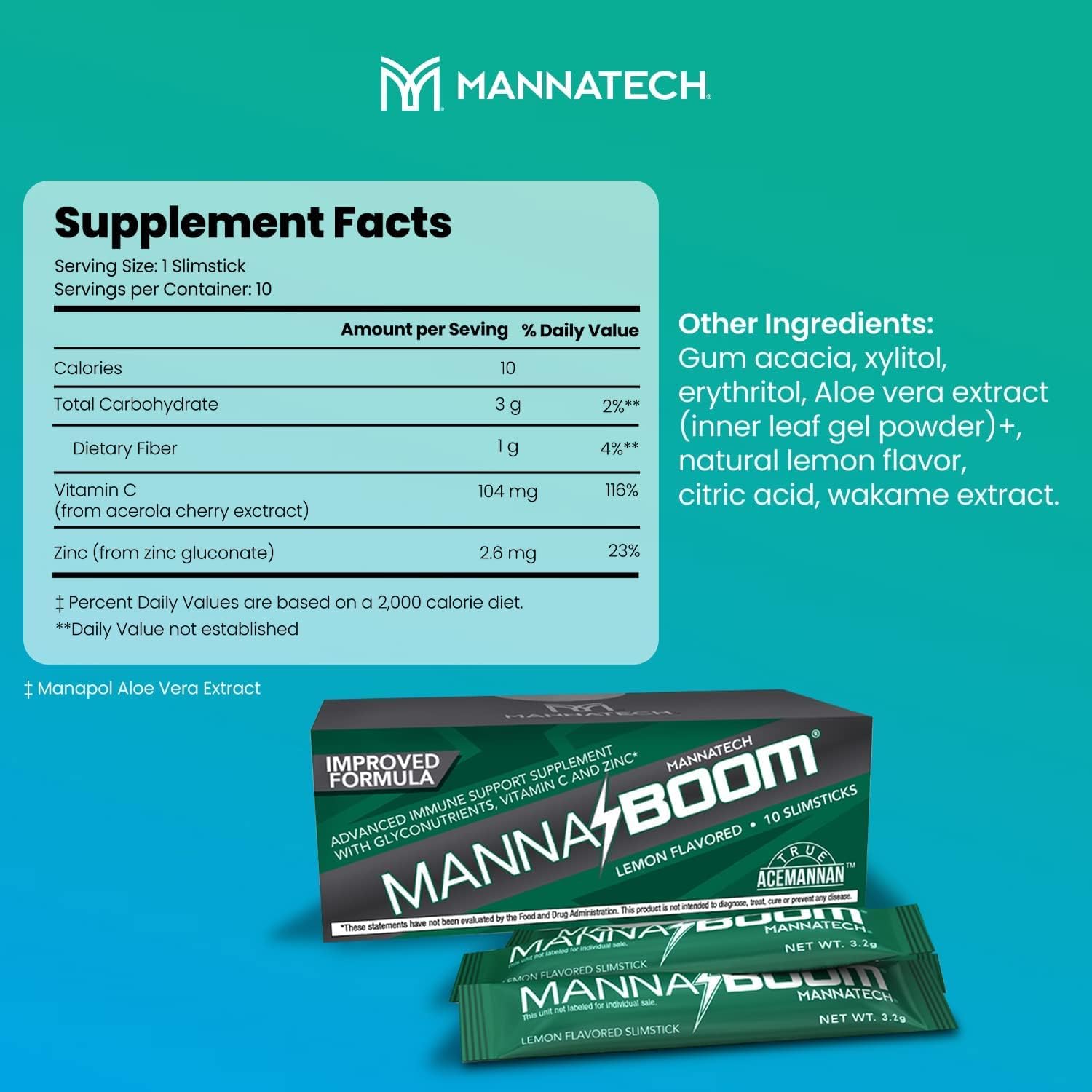 Mannatech Advanced Immune Support Supplement - 150% More Vitamin C, Increased Manapol, Zinc & Glyconutrients for Immunity in MannaBOOM, 10 Slimsticks