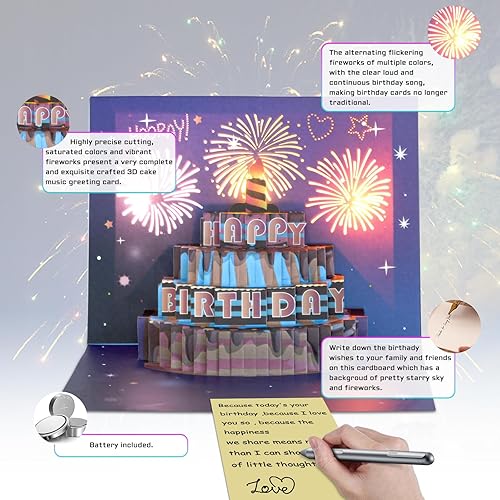Miniatura 6 de Tarjeta de regalo de cumpleaños 3D, luz desplegable para tartas de fuegos artificiales, tarjeta de felicitación musical con texto en inglés "Happy