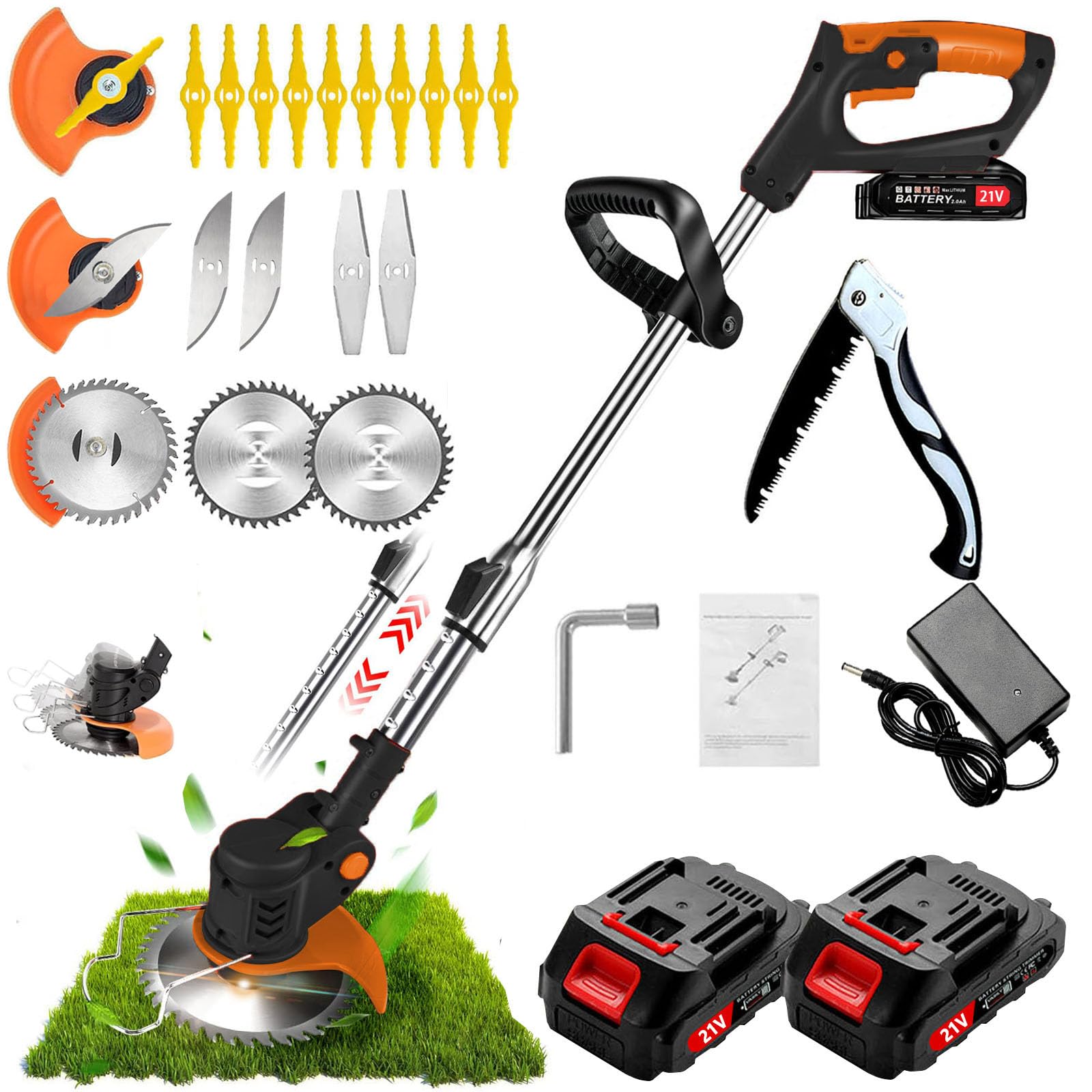 Decespugliatore, decespugliatore da giardino con lame in metallo, decespugliatore senza fili con 2 batterie e caricabatterie UK