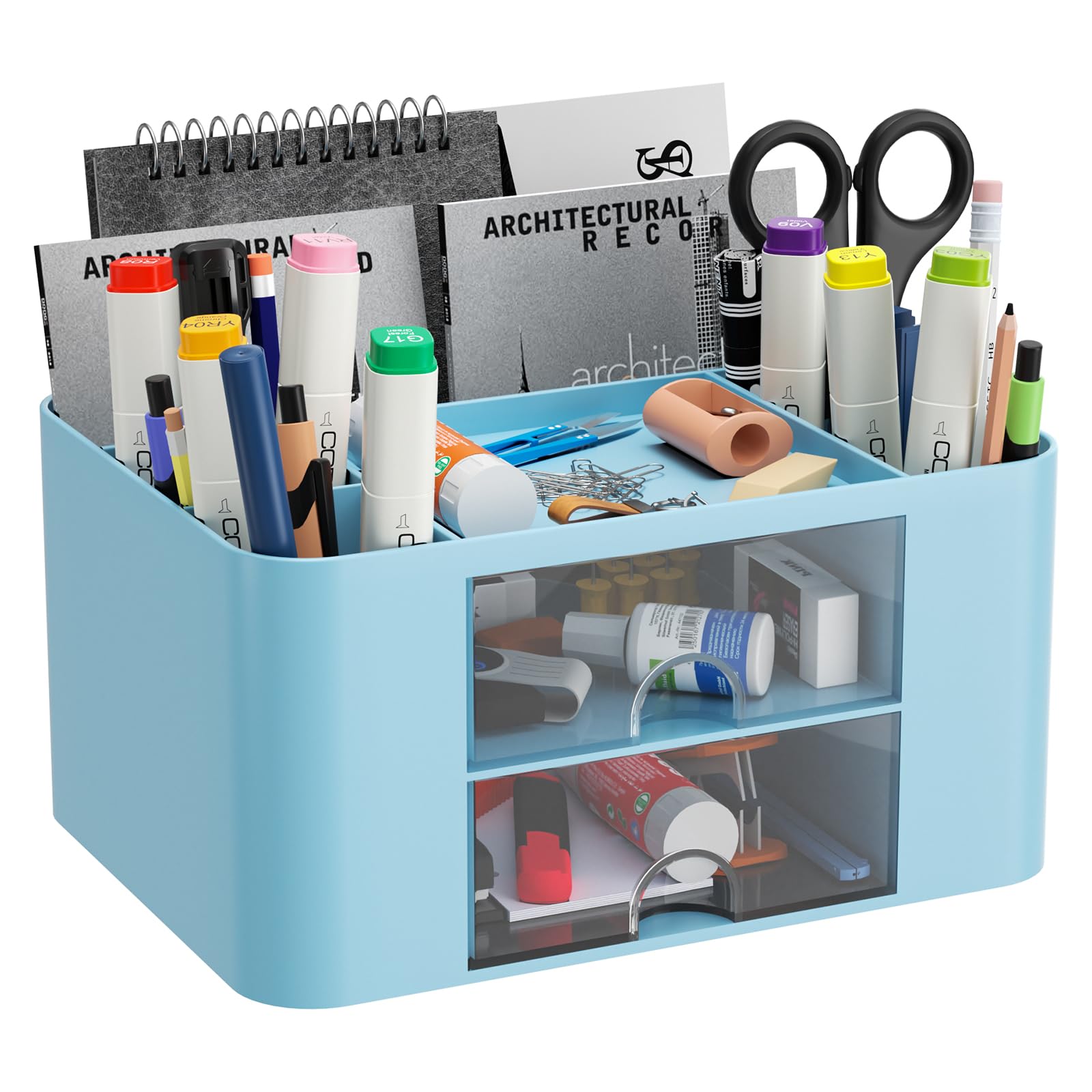 Senders Desk Organiser with 2 Drawers Tidy Storage Box with Pen Holder Desktop Stationary Organiser for School Office Home Makeup Desk Supplies Practical and Stylish Storage Solution (Blue)