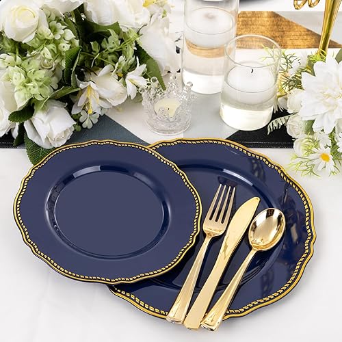 Miniatura 69 de Hioasis 60 platos de plástico dorados, vajilla desechable blanca y dorada con borde dorado, resistente, 10.25 pulgadas, platos llanos para fiestas