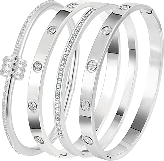 Stainless Steel Bangle Bracelet Set for Women - Silver/Gold Love Bangle Non Tarnish Jewelry with Sparkling Crystal Inlay for Love Gifts