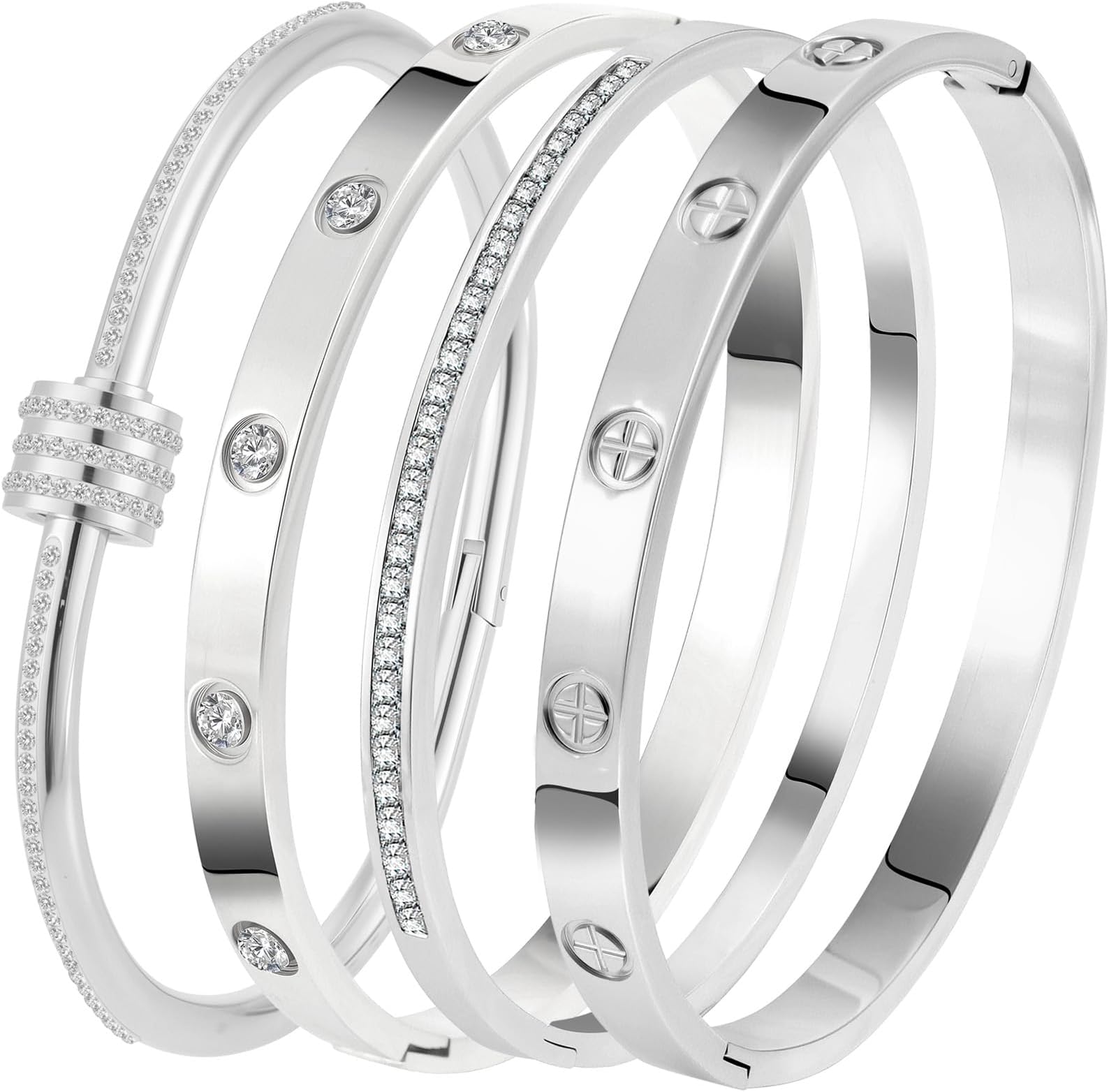 Stainless Steel Bangle Bracelet Set for Women - Silver/Gold Love Bangle Non Tarnish Jewelry with Sparkling Crystal Inlay for Love Gifts