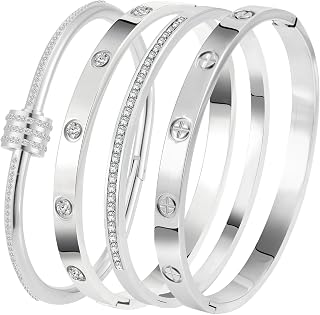 Stainless Steel Bangle Bracelet Set for Women - Silver/Gold Love Bangle Non Tarnish Jewelry with Sparkling Crystal Inlay for Love Gifts