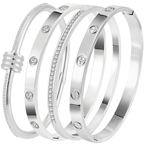 Camhanno Stainless Steel Bangle Bracelet Set for Women - Silver/Gold Love Bangle Non Tarnish Jewelry with Sparkling Crystal Inlay for Love Gifts