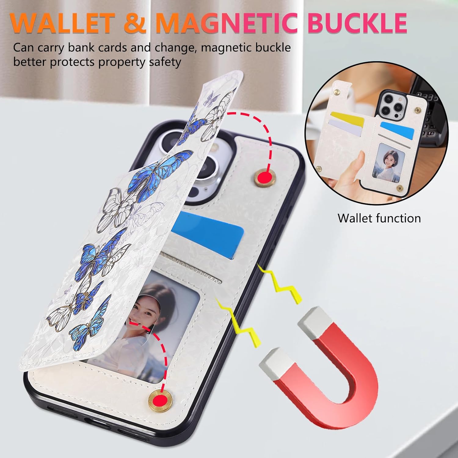 UEEBAI Wallet Case for iPhone 15 Pro Max with Card Holders, PU Leather Cover Kickstand RFID Blocking Double Magnetic Clasp Rilievo Flower Shockproof Flip Case for Women Girls - Blue Butterfly - Image 4