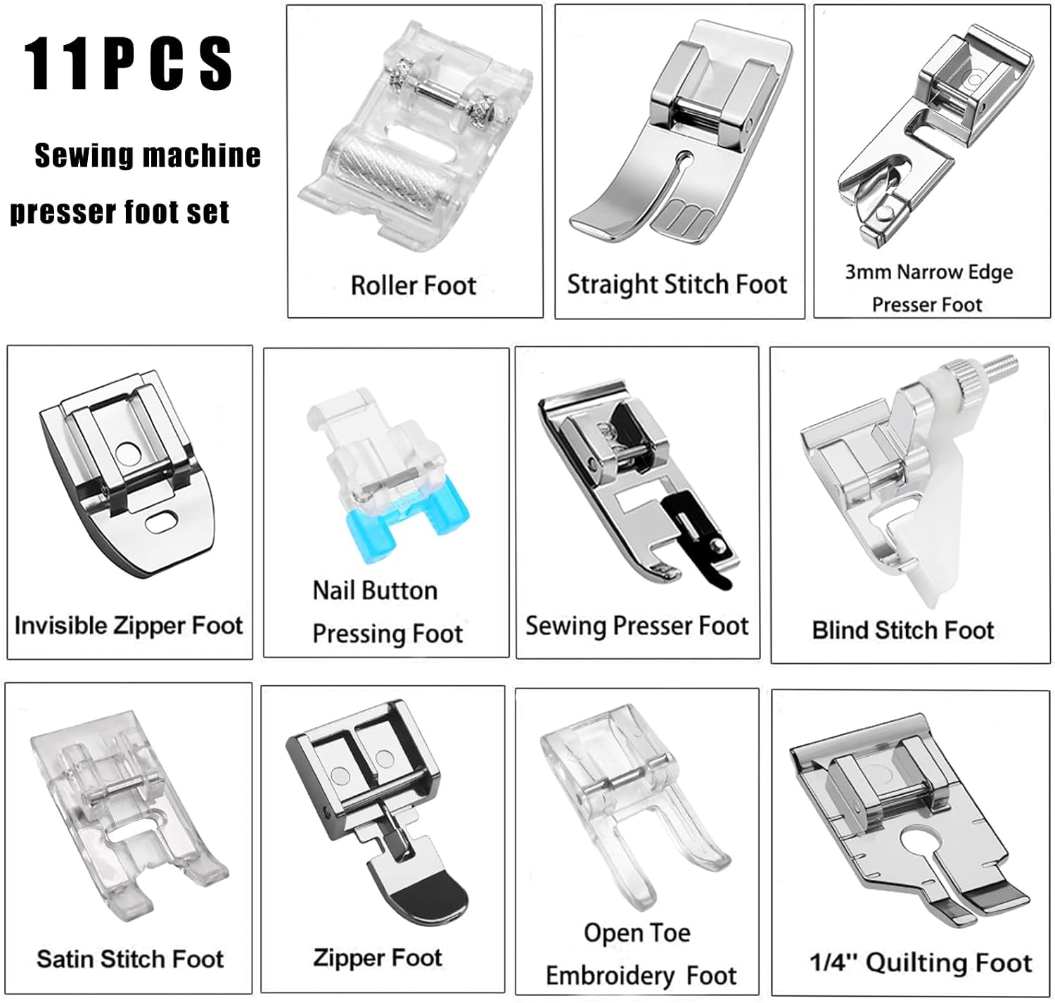 11 Pcs Presser Feet Set Domestic Sewing Machine Presser Foot for Low Shank Snap on Singer Brother Janome Babylock Juki Toyota