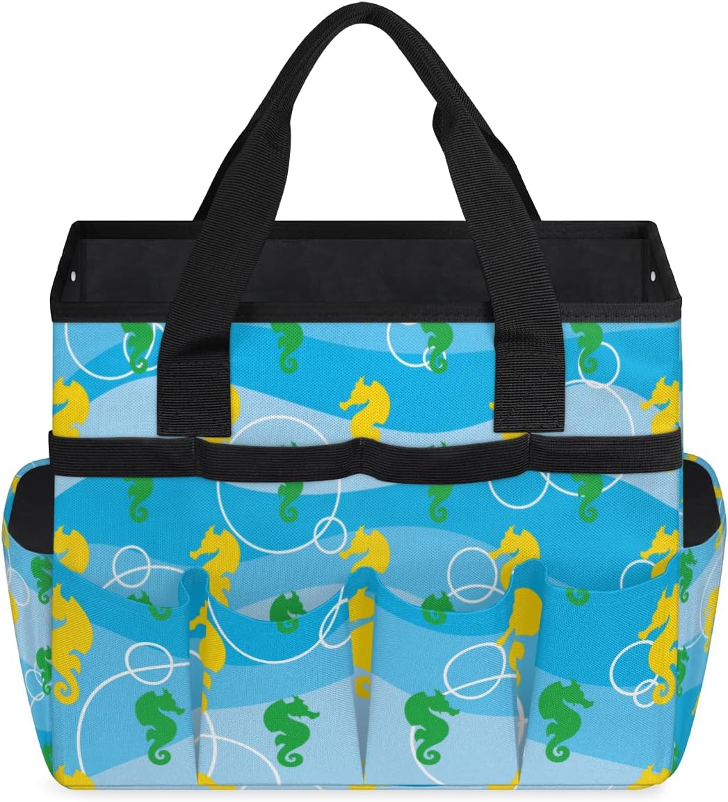 Seahorse Ocean Garden Tool Bag Tote for Men Women Multiple Pockets Wide Mouth Heavy Duty Waterproof Tool Organizer Bag for Outdoor Lawn Yard Portable Gardening Storage With Elasticbands