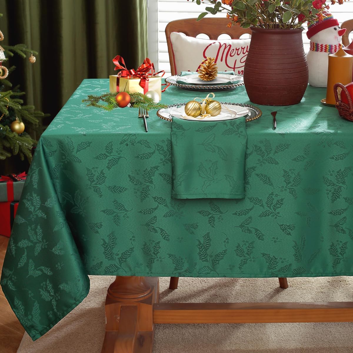 Honellaty Rectangle Christmas Holiday Tablecloth Jacquard Fabric Table Cloth,Winter Holly Berry Leaf Pattern Spill-Proof Table Cover for Family Gathering Dinner Decor 60×102 Inches Green
