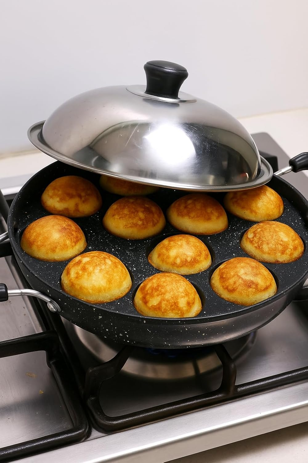 Non-Stick Appam Pan – 12 Pit with Stainless Steel Lid Paniyaram Pan for Appam, Paniyaram, Aebleskiver & Paddu Heat Resistant Handle Appe Maker