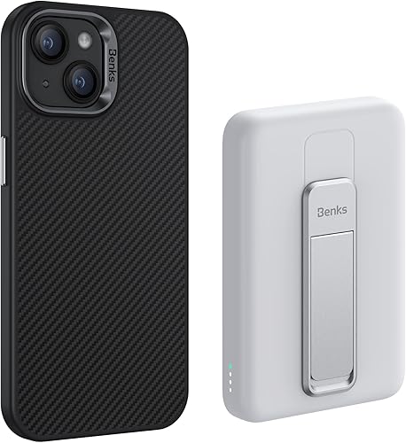 BENKS Funda para iPhone 15 Plus fabricada con fibra de aramida Kevlar 600D + banco magnético MagClap StandGo de 10000 mAh