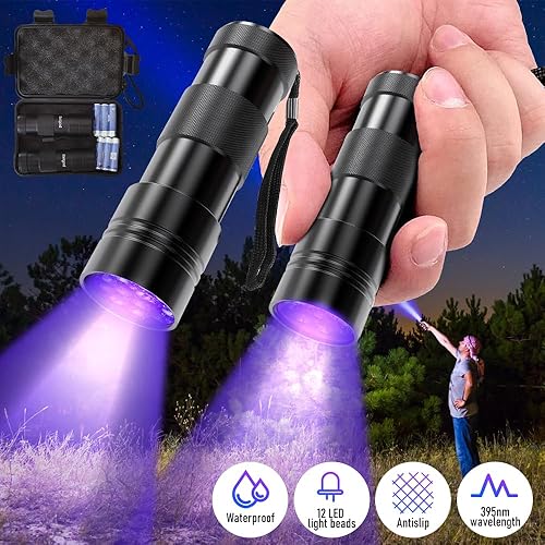 Miniatura 2 de Linterna UV luz negra 12 LED 395nm, 2 unids linterna UV mini, luz detector de orina de mascotas para perrogato, manchas secas