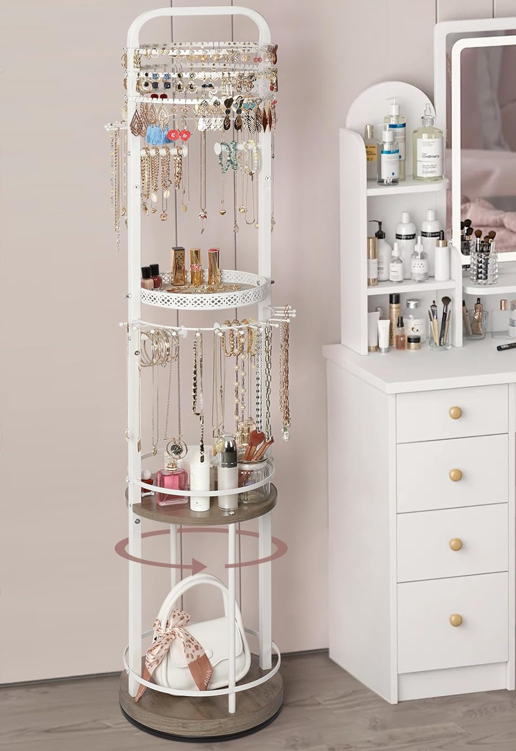 SOLIMINTR Jewelry Holder Organizer, Floor Jewelry Organizer with Earring Organizer Necklace Holder, Rotating Jewelry Stand Necklace Display Earring Storage, Large Hanging Jewelry Tree for Jewlery Brac