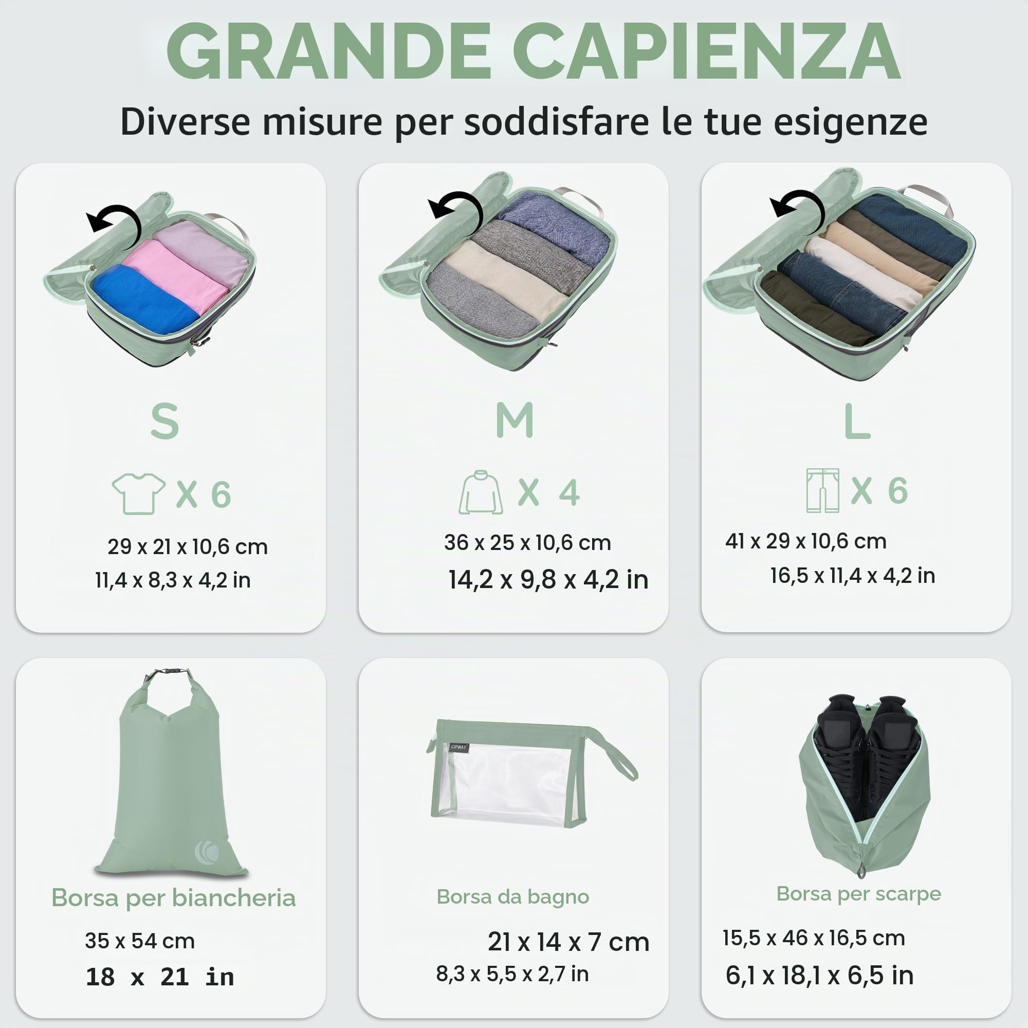 Cipway Compressore Organizer Valigia,Borsa da Viaggio Espandibile Ultraleggero Salvaspazio Viaggio Organizer per i Vestiti per Zaini o Bagagli a Mano(Verde salvia,8 Pezzi)