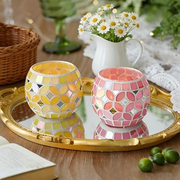 4PCS Mosaic Glass Tealight Candle Holder Set - Colorful Handmade Votive Candle Holder for Easter Table Decor, Spring Home Decoration & Boho Wedding Centerpieces
