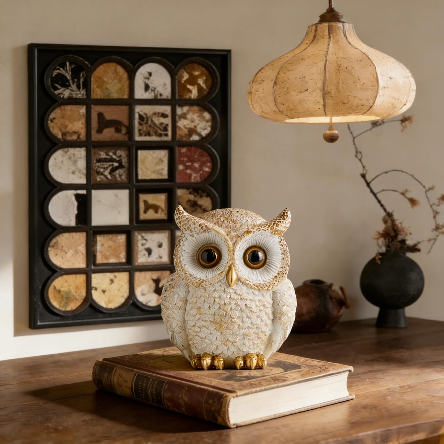 AWNR Golden Owl Statue - Elegant Fake Owl Figurine for Home & Garden Decor, Witchy & Aesthetic Room Accents for Shelf, Desk, Entryway, or Outdoor Spaces, Unique Gift for Owl Lovers