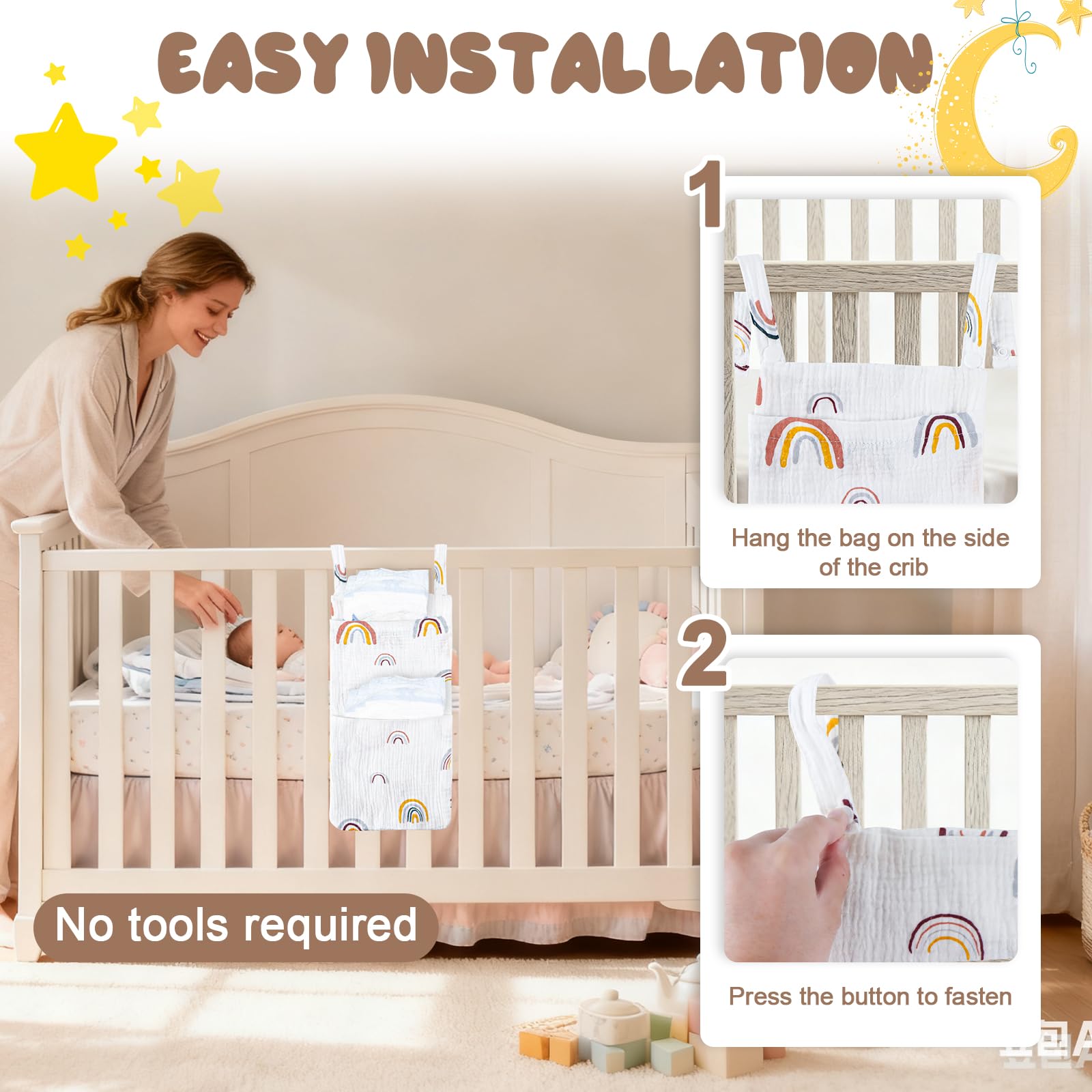 mimzemamz Nappy Holder, Hanging Cot Organizer with 2 Pockets, Quick and Portable Assembly, Nappy Bag for Wipes,… - Image 4