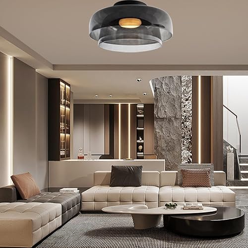 Miniatura 3 de Jowjut - Luces de techo de montaje empotrado de cristal gris claro, 2 capas de pantalla de mediados de siglo, isla de cocina, lámparas de techo