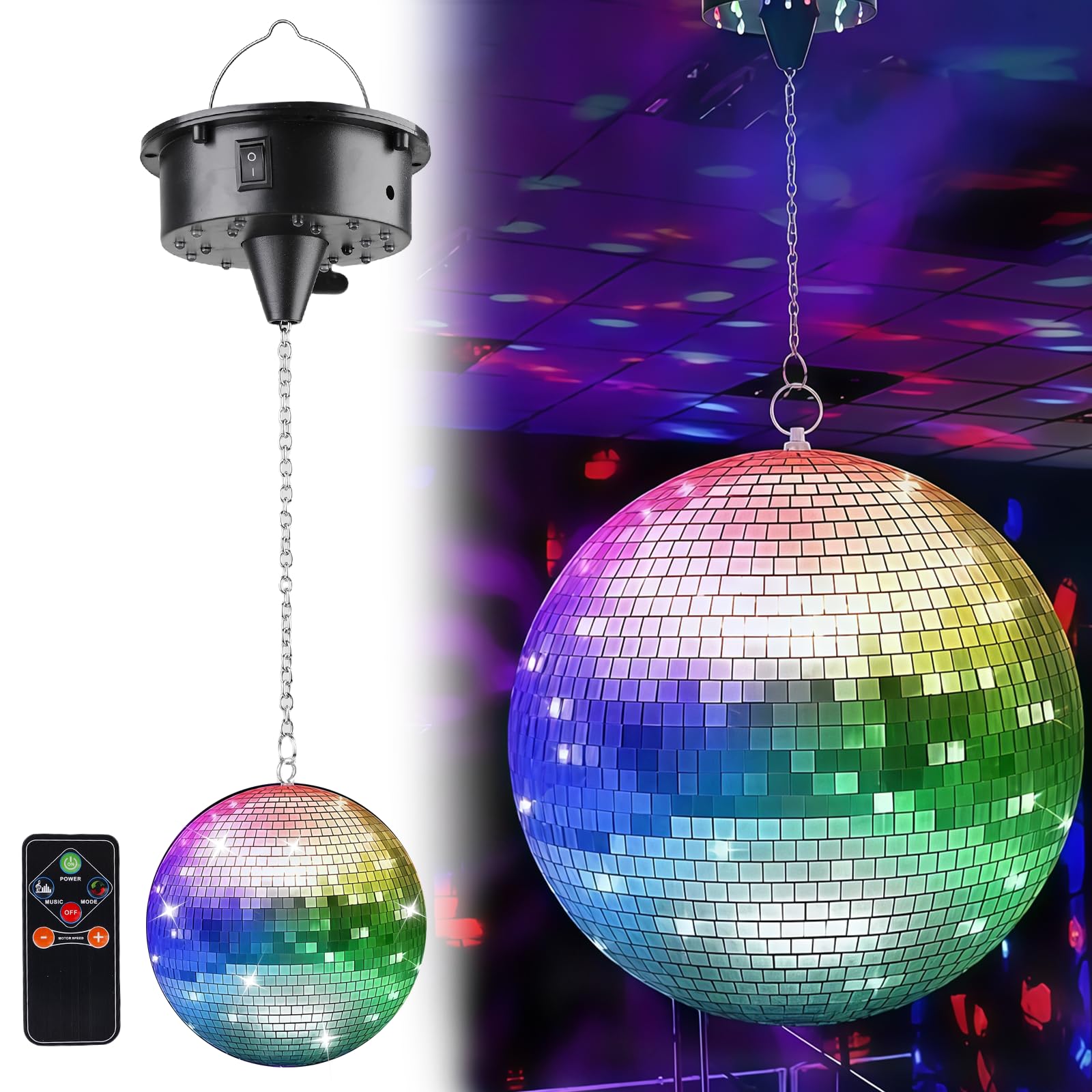 Bola de discoteca: bola de discoteca giratoria con motor de 10 rpm, mando a distancia, bola de discoteca con LED, 12 cm, para fiestas, activada por sonido, para fiestas de baile, decoración para