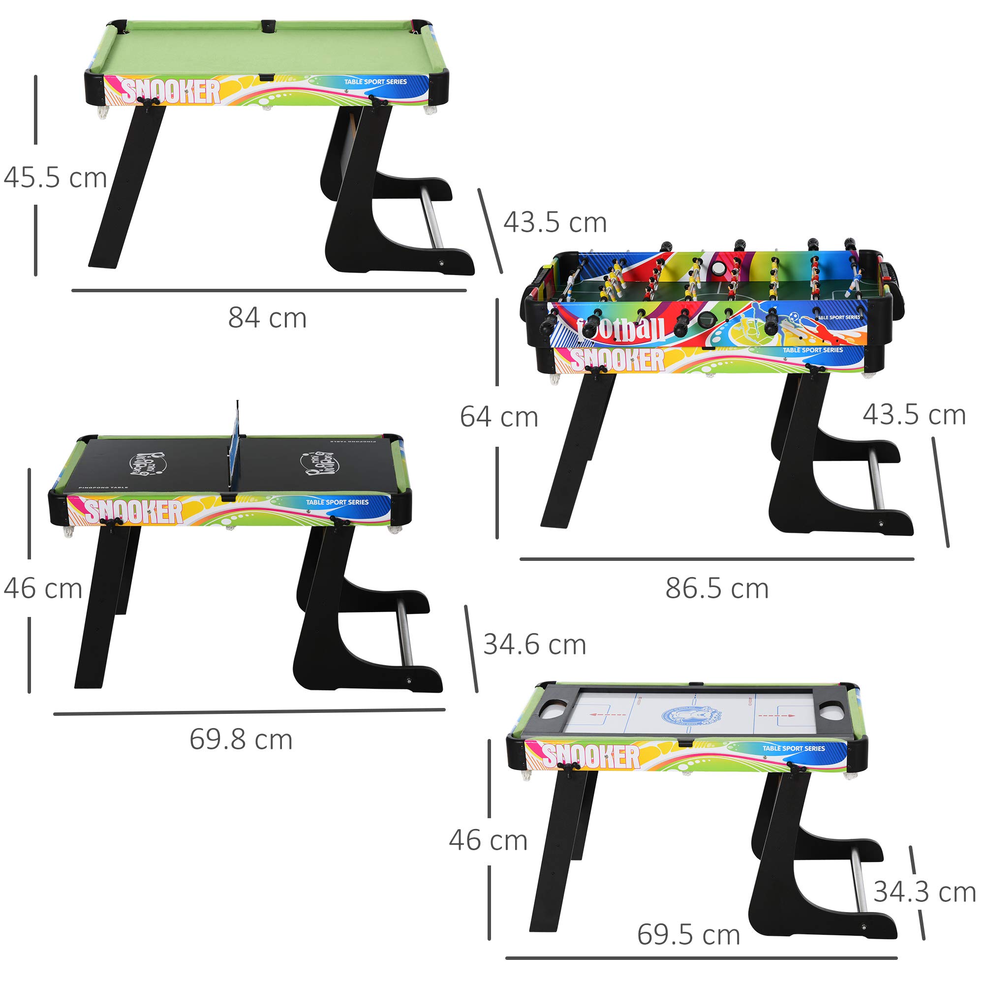 HOMCOM Tavolo da Gioco 4 in 1 per Calcio-Balilla, Biliardo, Air Hockey e Ping Pong con Accessori Inclusi, Tavolo Multigioco Pieghevole in MDF e Plastica, Multicolore