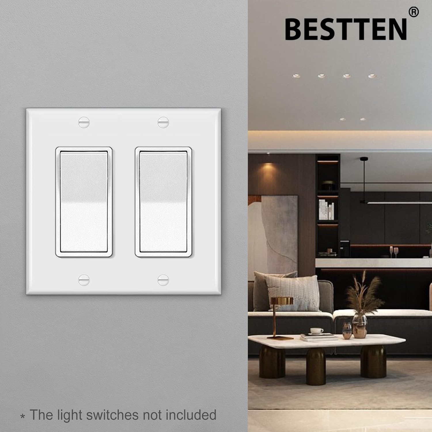 [10 Pack] BESTTEN Decorator Wall Plate, 2 Gang Standard Size Outlet Cover for GFCI and USB Receptacles, H4.53” x W4.57”, Unbreakable Polycarbonate Material, UL Listed, White