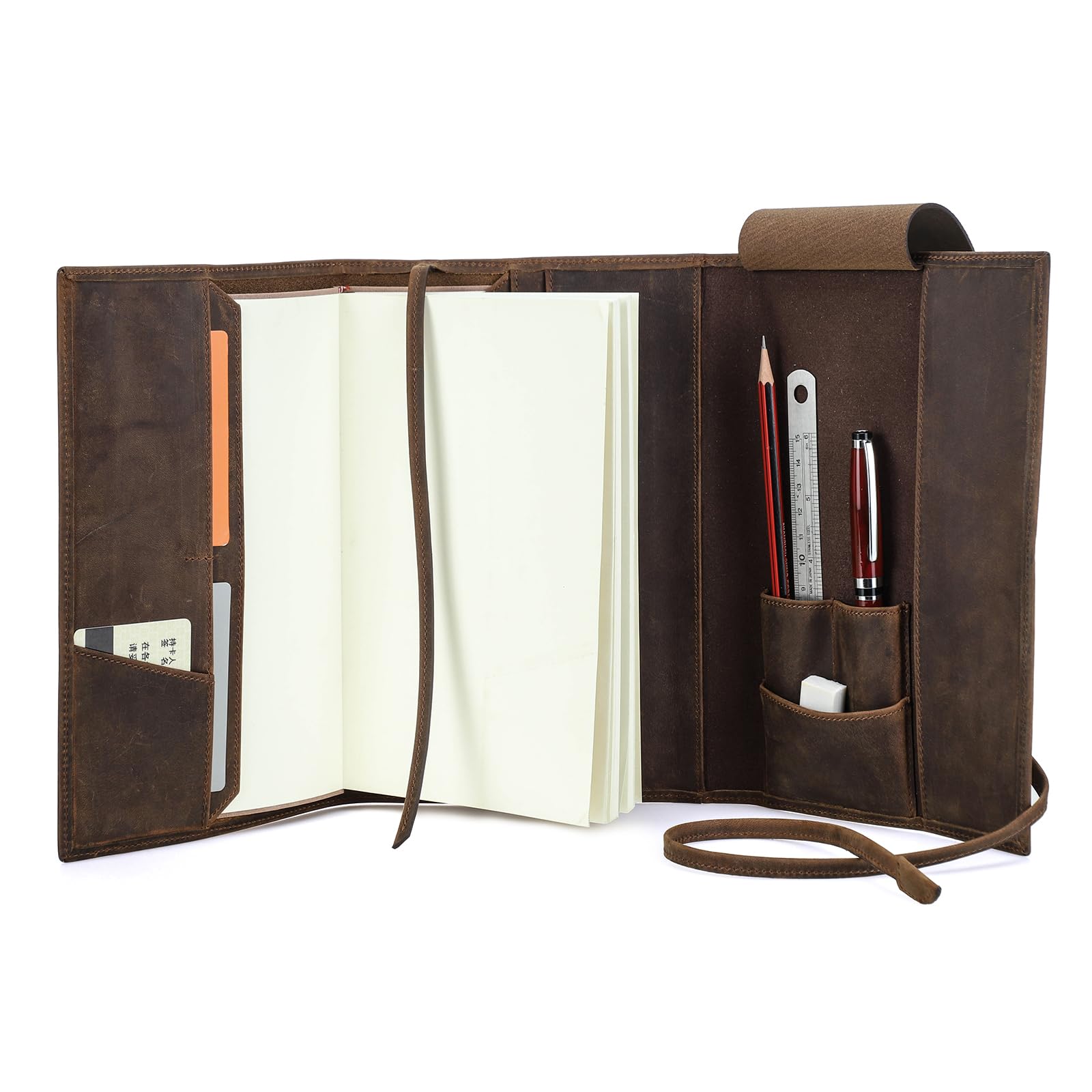 Hiram Funda de cuero para cuaderno A5 de piel genuina con ranura para bolígrafo y banda de encuadernación de cuero Funda protectora para bloc de notas