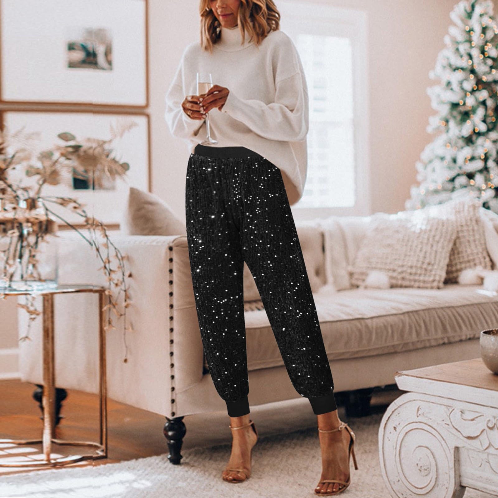 Generico Pantaloni con Paillettes Donna Elegante Pantalone A Vita Alta Pantaloncini Streetwear Extra Lunghi Zampa Brillanti Completo Curvy Larghi Culotte Casual Gamba