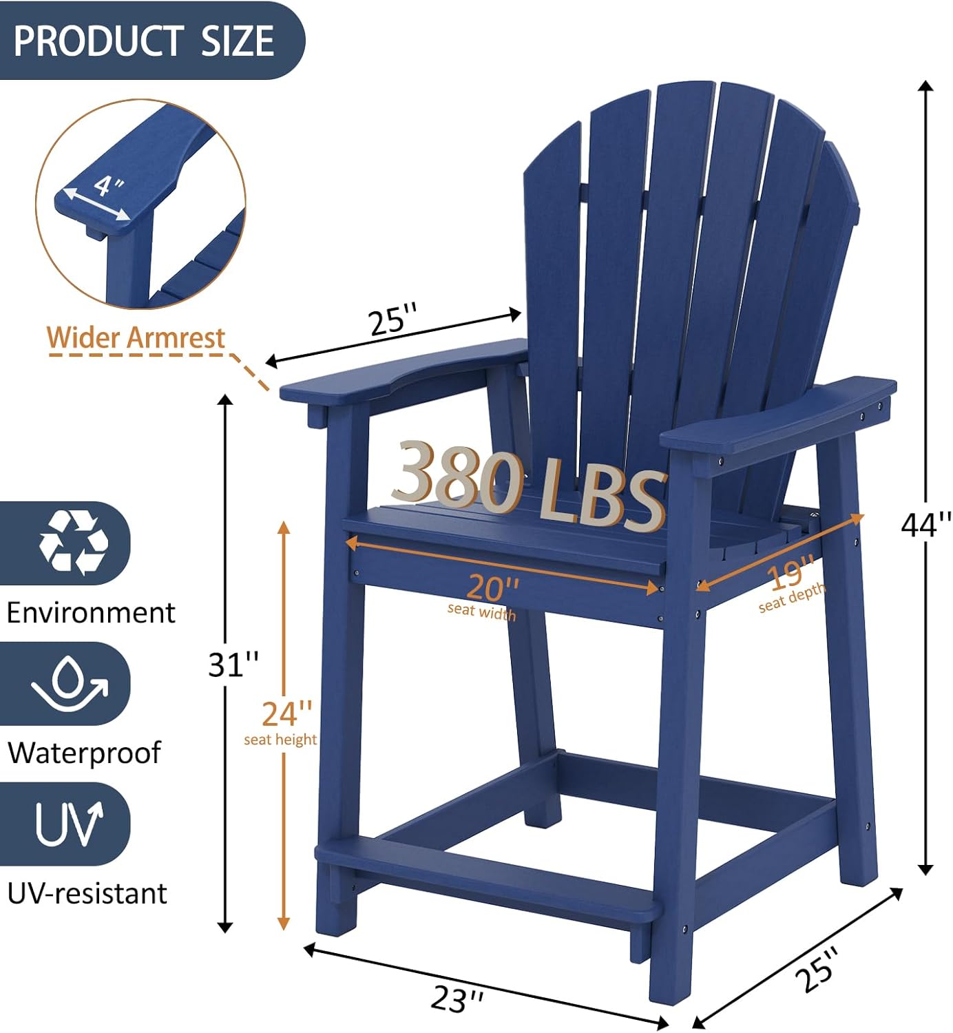 OTSUN Tall Adirondack Chairs Set of 4, HDPE Bar Height Outdoor Chairs, Adirondack Bar Stools for Patio Balcony & Porch