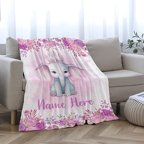 Miniatura 265 de Manta personalizada con diseño de jirafa y elefante, manta de franela suave, acogedora y ligera con nombre para sofá, cama, sofá, regalo, unisex