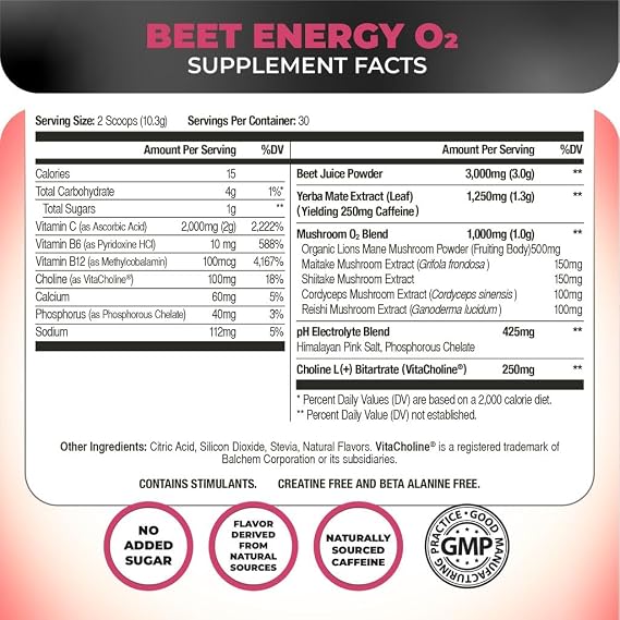 Nutrology Beet Energy O2 Pre Workout Beet Juice Powder - Boost Energy, Endurance & Nitric Oxide with Beet Powder Yerba Mate Adaptogens & Electrolytes - Passion Fruit Flavor, 30 Servings