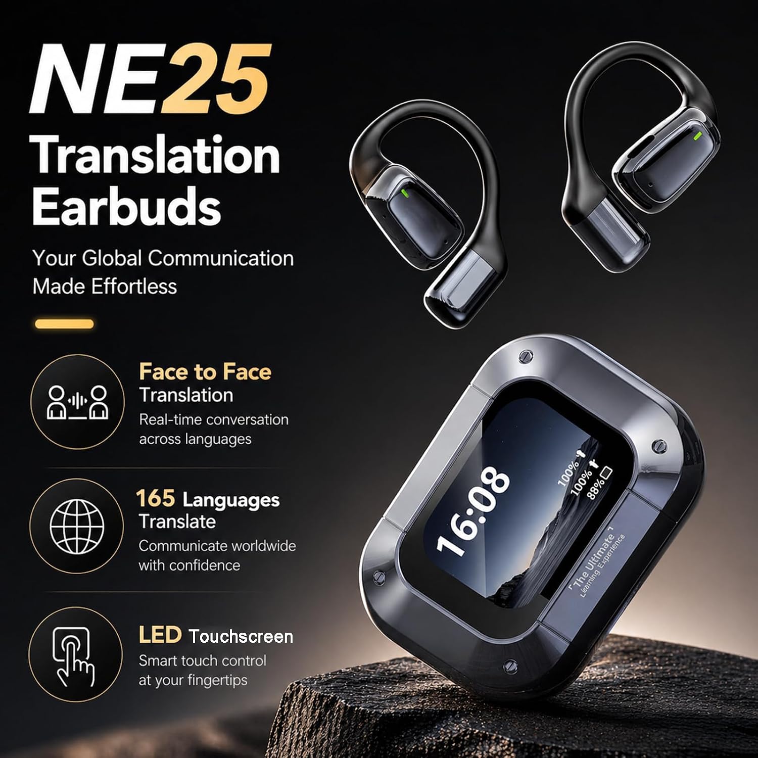 NE25 AI Translation Earbuds Real Time with LCD Touch Screen (Grey) image 2