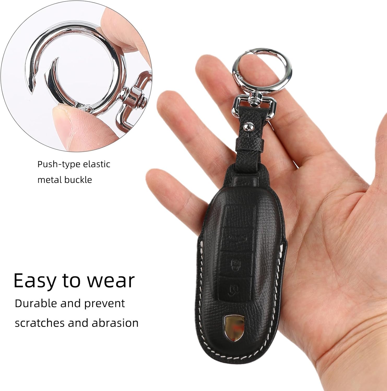 Leather Key Fob Cover，with Keychain Key Shell Case Compatible with Porsche Panamera, Macan, Cayenne, 911, 718（3-Button，Black