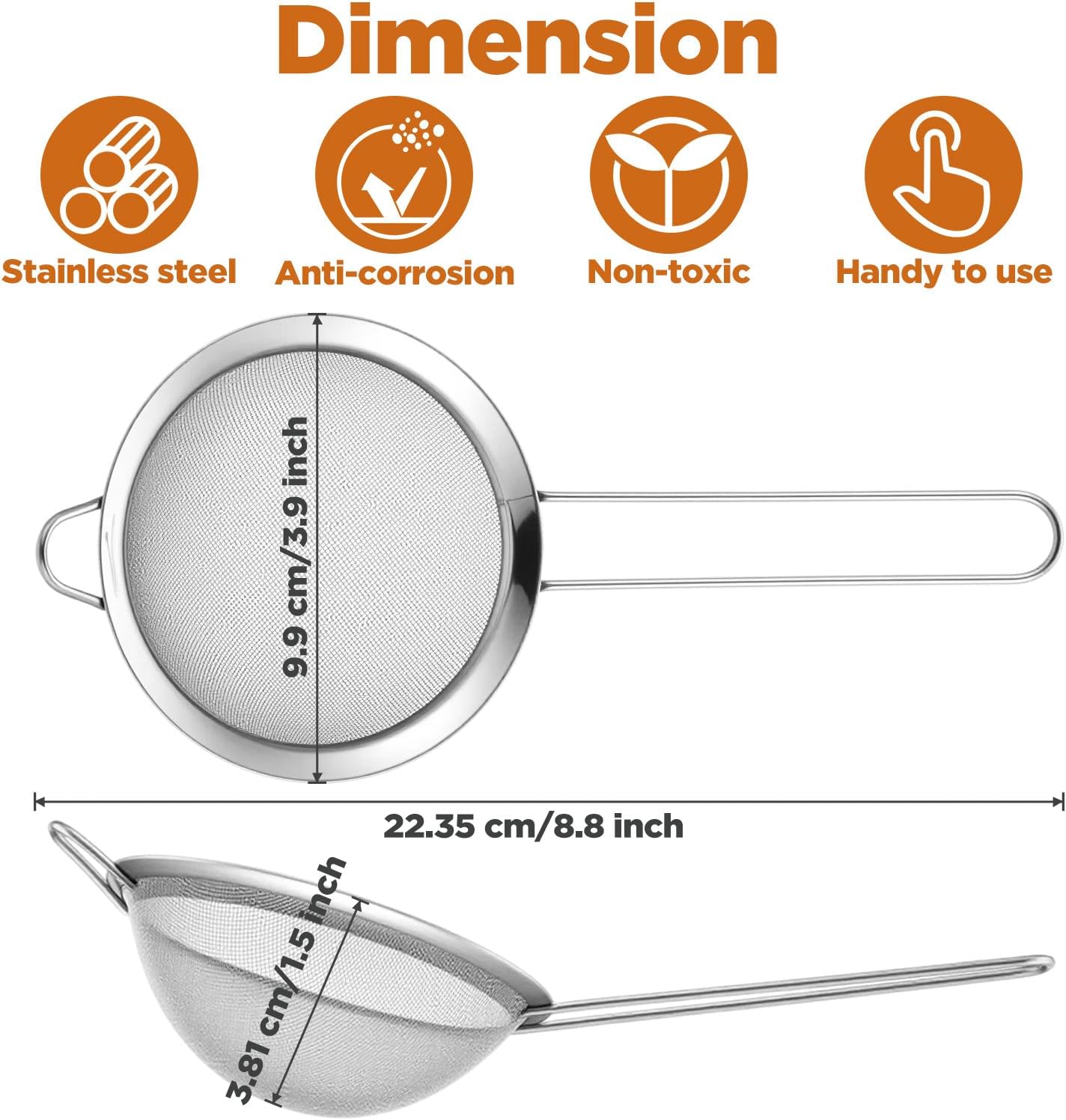 9 Packs 8.8 x 3.9 Inches Stainless Steel Fine Mesh Strainer Small Cocktail & Tea Strainer with Handle for Coffee, Juice, Powdered Sugar
