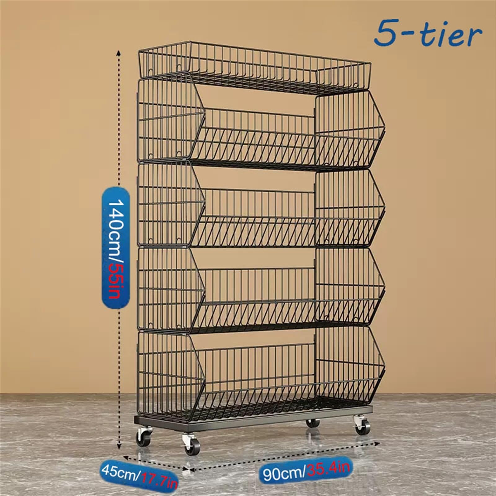 WDJBPSH Supermarket Shelf Display Rack 5-Tier, Onion Potato Vegetable Organizer/Fruit Snack Drinks Storage Cart, Large Capacity & Space Saving (Color : Black, Size : 90x45x140cm)