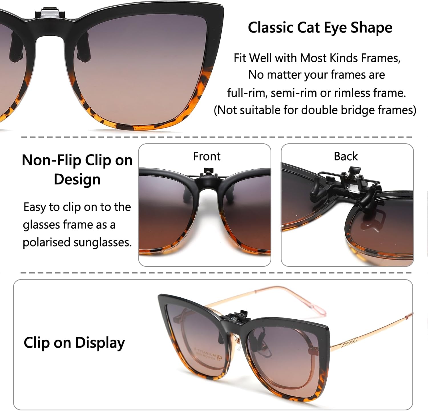 Long Keeper Polarized Clip on Sunglasses Over Prescription Women Men with UV Protection Clip on Cat Eyeglasses - Image 4