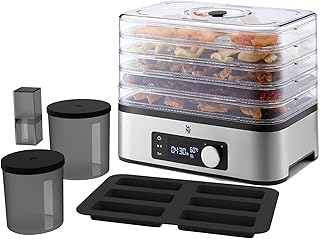WMF KITCHENminis Déshydrateur, 400 W, Inox, 5 Plateaux sans BPA, Programmable Fruits séchés légumes champignons déshydratés barres de céréales, Cromargan 0415250011