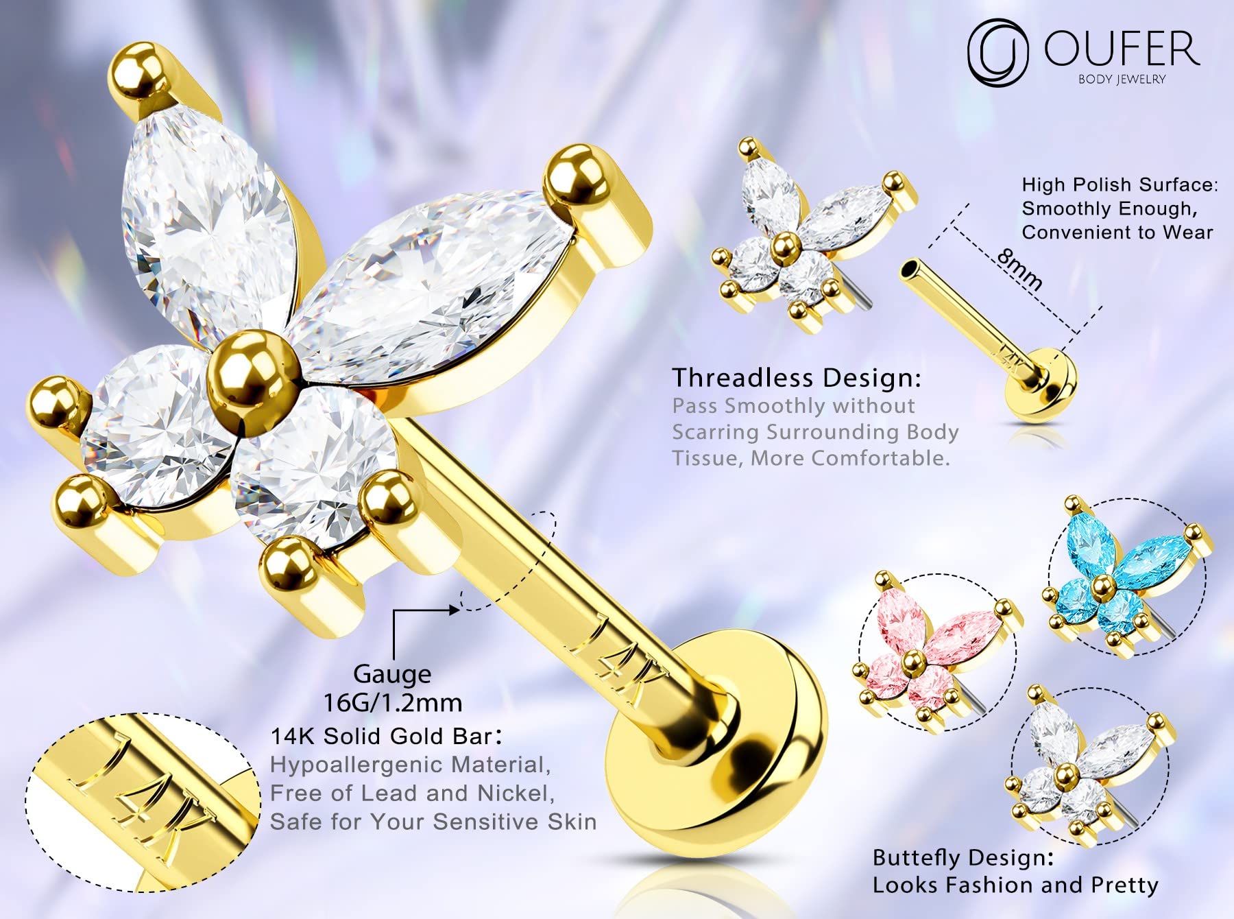 OUFER Body Piercing Piercing para labio de oro macizo de 14 quilates, 16 g, sin rosca, para labio, hélice, tragus, cartílago, oreja, lóbulo de oreja