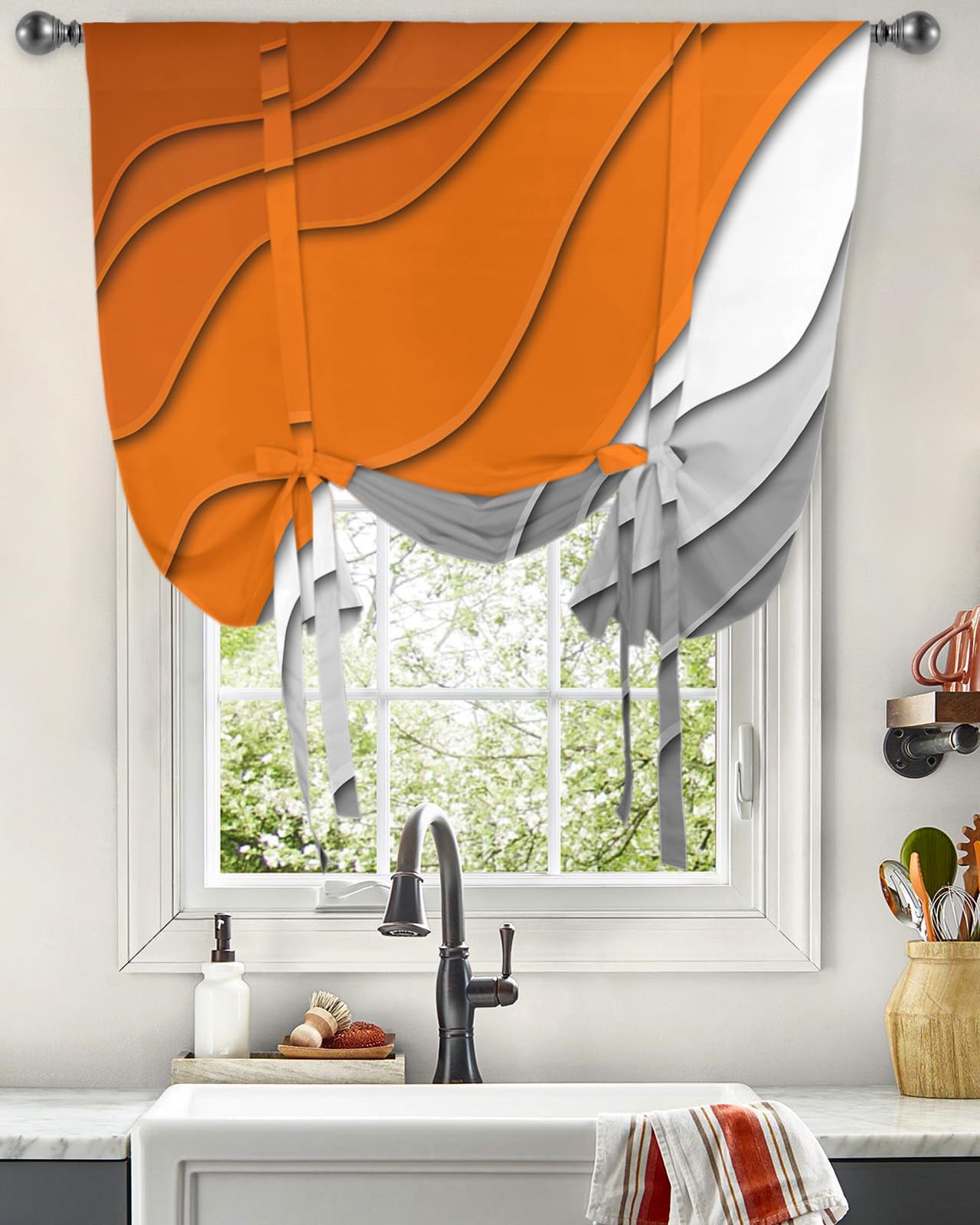 Gradient Tie Up Curtains for Windows, Modern Orange Gray Geometric Kitchen Curtain Adjustable Balloon Window Shades, Abstract Art Waves Printed